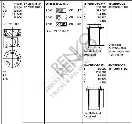 MERCEDES BENZ LKW PİSTON  OM 501/502 EURO 2-3 STD ACTROS MP2MP3 SETRA TRAVEGO O 580 PİSTON SET 130 mm 5410303037-5410301237 / 89-70530A STD,89-136000-22,  KS 40448963
