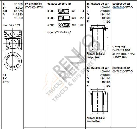 MERCEDES BENZ LKW PİSTON  OM 501/502 EURO 2-3 STD ACTROS MP2MP3 SETRA TRAVEGO O 580 PİSTON SET 130 mm 5410303037-5410301237 / 89-70530A STD,89-136000-22,  KS 40448963