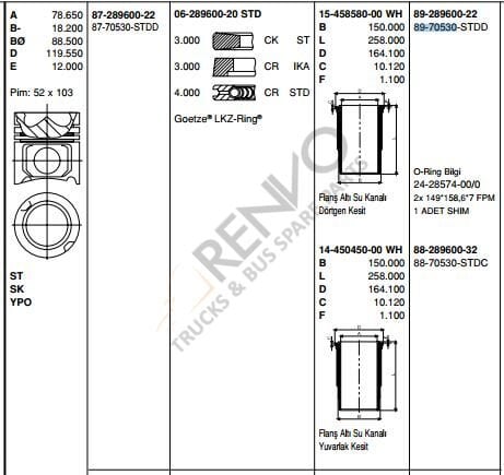 MERCEDES BENZ LKW PİSTON  OM 501/502 EURO 2-3 STD ACTROS MP2MP3 SETRA TRAVEGO O 580 PİSTON SET 130 mm 5410303037-5410301237 / 89-70530A STD,89-136000-22,  KS 40448963