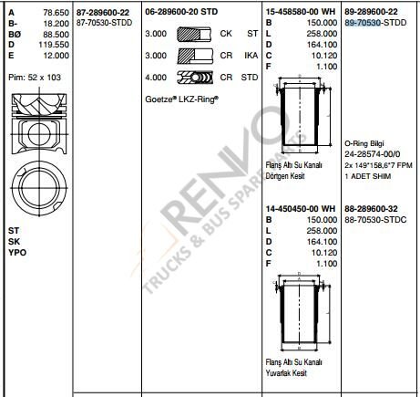 MERCEDES BENZ LKW PİSTON  OM 501/502 EURO 2-3 STD ACTROS MP2MP3 SETRA TRAVEGO O 580 PİSTON SET 130 mm 5410303037-5410301237 / 89-70530A STD,89-136000-22,  KS 40448963
