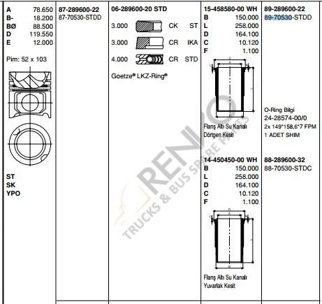 5410303037-5410301237 / 89-70530A STD  KS 40448963 PİSTON SET 130 mm MERCEDES BENZ LKW PİSTON  OM 501/502 EURO 2-3 STD