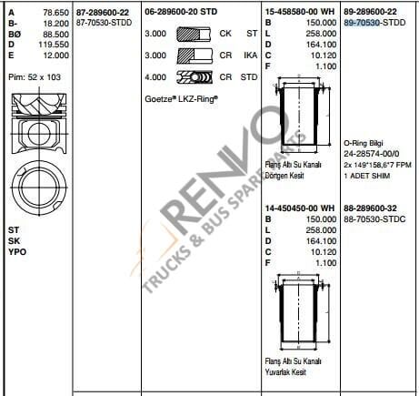 MERCEDES BENZ LKW PİSTON  OM 501/502 EURO 2-3 STD ACTROS MP2MP3 SETRA TRAVEGO O 580 PİSTON SET 130 mm 5410303037-5410301237 / 89-70530A STD,89-136000-22,  KS 40448963