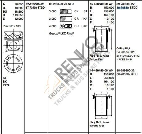 MERCEDES BENZ LKW PİSTON  OM 501/502 EURO 2-3 STD ACTROS MP2MP3 SETRA TRAVEGO O 580 PİSTON SET 130 mm 5410303037-5410301237 / 89-70530A STD,89-136000-22,  KS 40448963